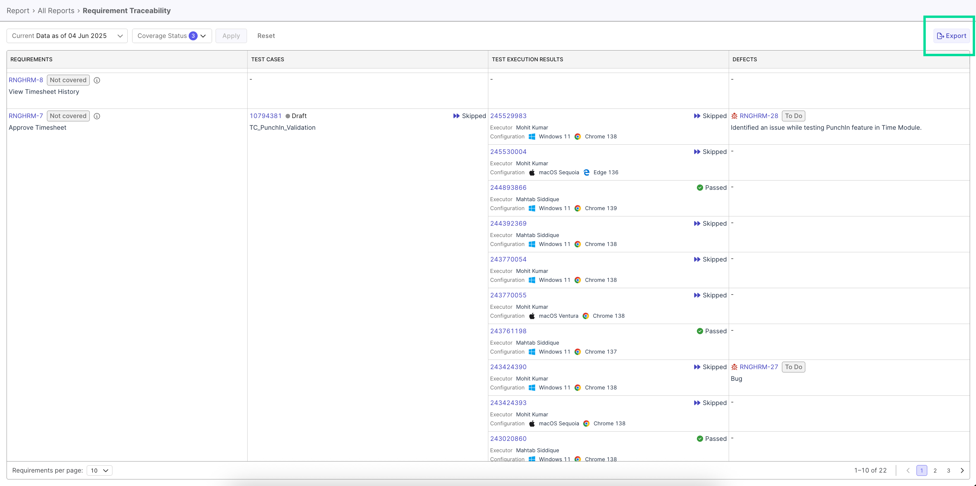 The Requirement Traceability Report page in Katalon TestOps.